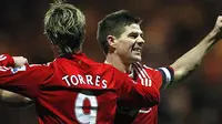 Liverpool&#039;s Steven Gerrard celebrates with Fernando Torres after Torres scored the winning goal against Preston North End during their English FA Cup match at Deepdale in Preston, on January 3, 2009. AFP PHOTO/PAUL ELLIS