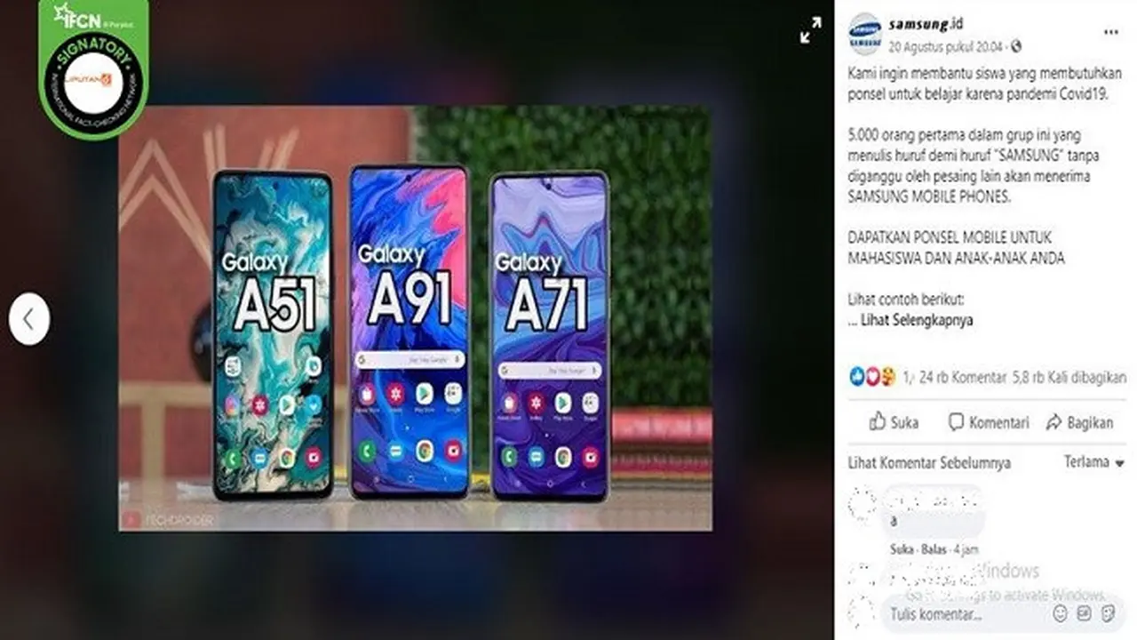 Gambar Tangkapan Layar Kabar Hoaks tentang Samsung Bagi-bagi Ponsel Saat Pandemi Virus Corona Covid-19