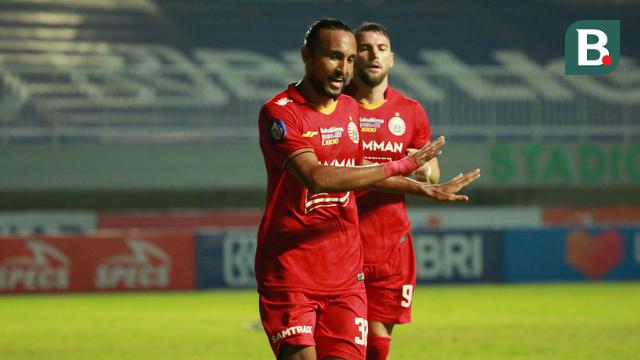 Gelandang Persija Jakarta, Rohit Chand ketika mencetak gol ke gawang Persita Tangerang pada pekan kelima BRI Liga 1 2021/2022 di Stadion Pakansari, Kabupaten Bogor.