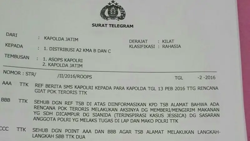 Telegram Kapolda Jatim mengenai serangan teroris dengan sianida