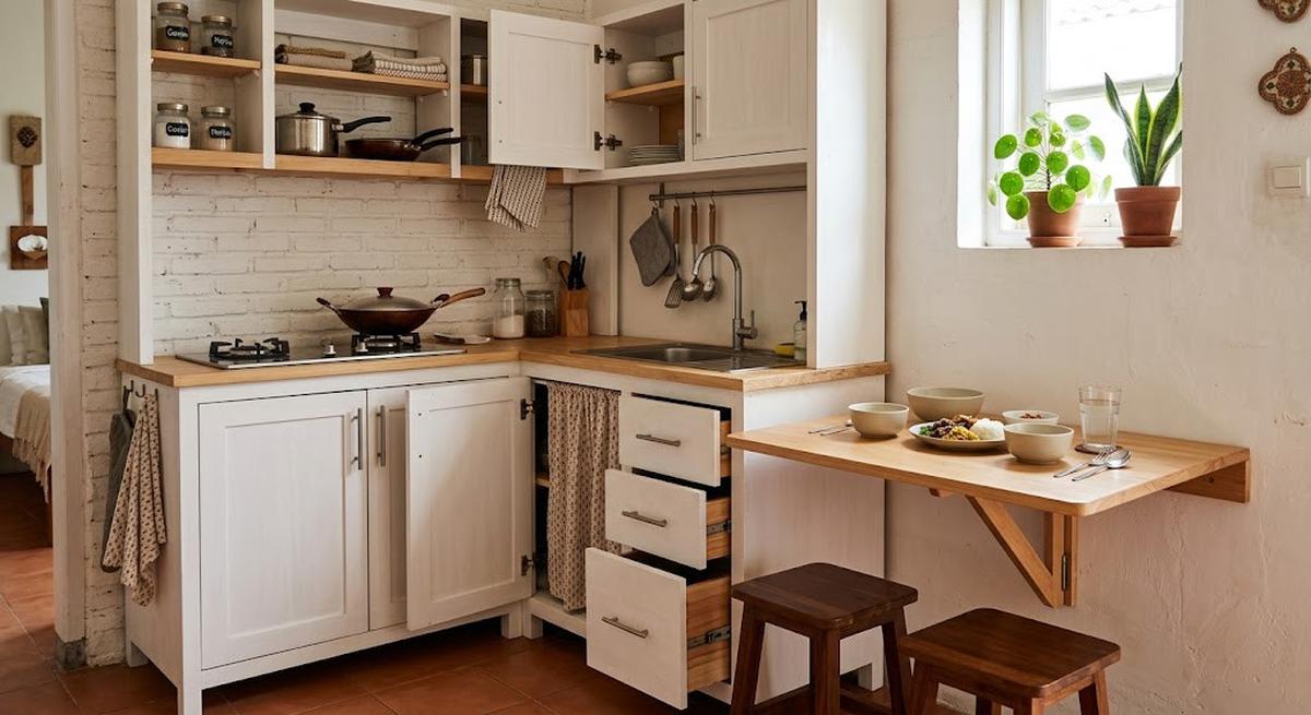 Ide dapur kecil dengan meja makan lipat yang cocok buat rumah minimalis model di samping kabinet dapur