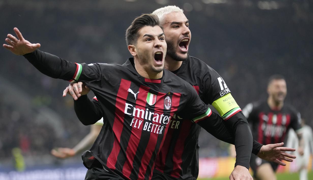 Pemain AC Milan, Brahim Diaz, melakukan selebrasi setelah mencetak gol ke gawang Tottenham Hotspur pada leg pertama babak 16 besar Liga Champions 2022/2023 yang berlangsung di San Siro, Rabu (15/2/2023). AC Milan menang tipis atas sang tamu berkat gol satu-satunya dari Brahim Diaz. (AP Photo/Luca Bruno)