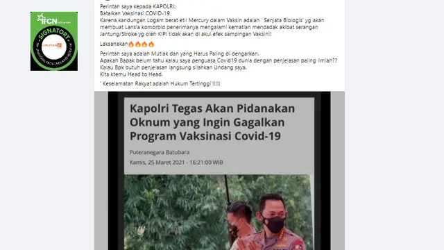 Cek Fakta Liputan6.com menelusuri klaim vaksin Covid-19 mengandung logam berat etil merkuri senjata biologis yang mematikan lansia komorbid
