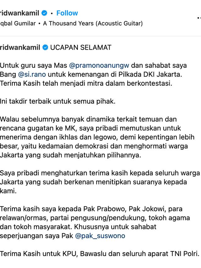 Unggahan Ridwan Kamil. (Foto: Dok. Instagram @ridwankamil)