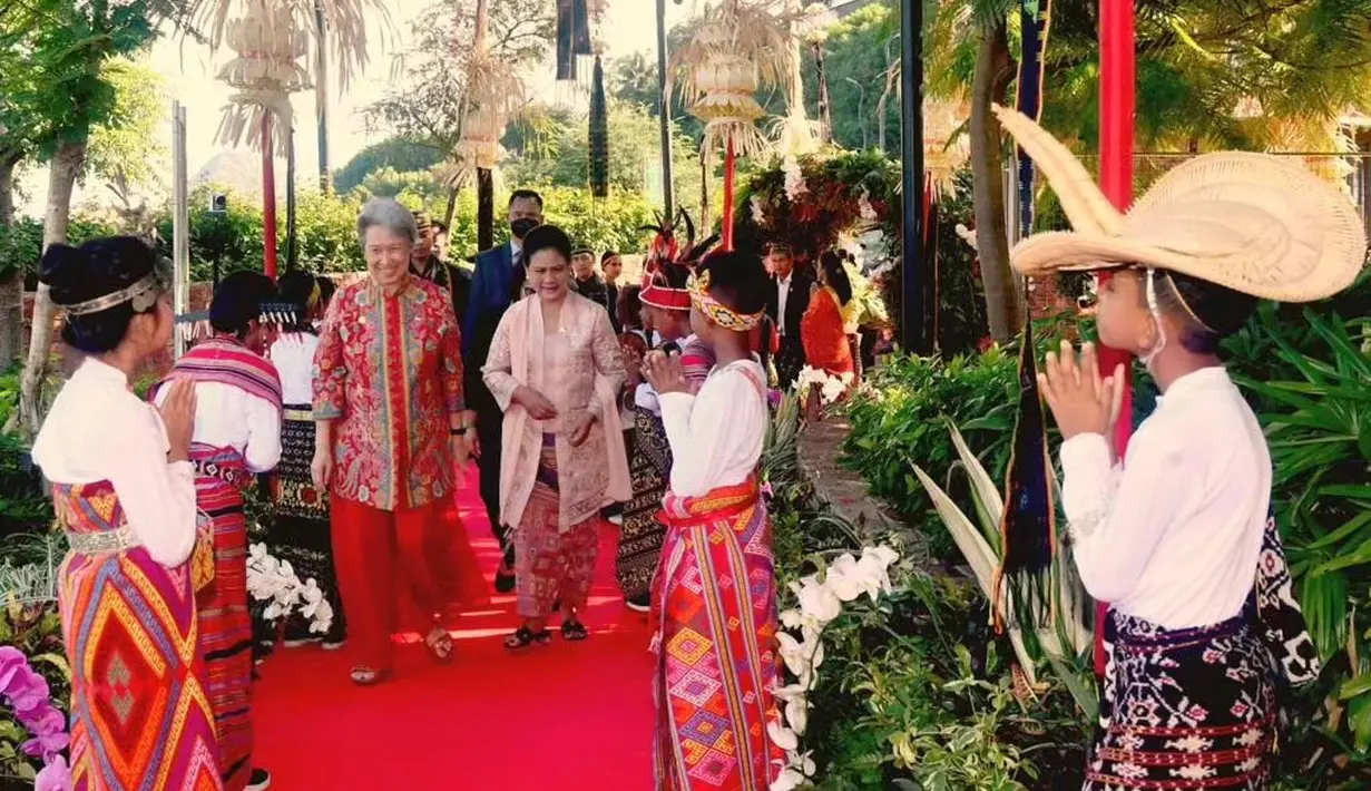 Ibu Iriana kembali tampil cantik mengenakan kebaya berwarna pastel yang lembut. Kebaya panjang berwarna merah muda yang lembut serasi dengan selendang polos yang disampirkan Ibu Iriana di lengan, dan dipadu dengan kain batik merah sebagai rok. [Foto: Instagram/jokowi]