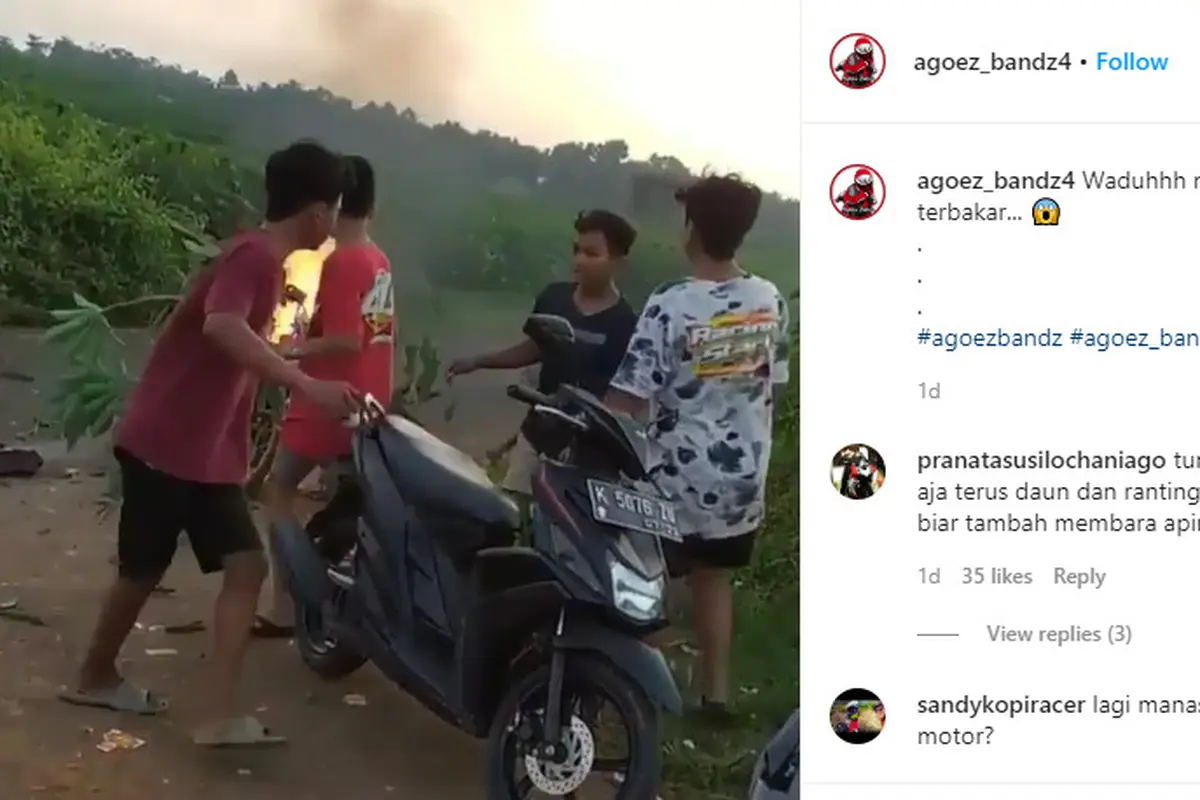 Dibagikan akun Instagram @agoez_bandz4, terlihat sekumpulan anak remaja panik saat melihat sebuah motor terbakar.