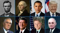 Beberapa mantan Presiden AS, dari kiri ke kanan (Atas): Abraham Lincoln, George Washington, Barack Obama, dan Donald Trump. Bawah: Franklin Roosevelt, Ronald Reagan, Bill Clinton dan Harry Truman. (AP)