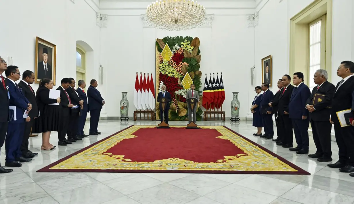 Presiden Jokowi menerima kunjungan resmi PM Xanana Gusmao di Istana Bogor. Suasana penyambutan berlangsung akrab dan khidmat. (Adek BERRY/AFP)
