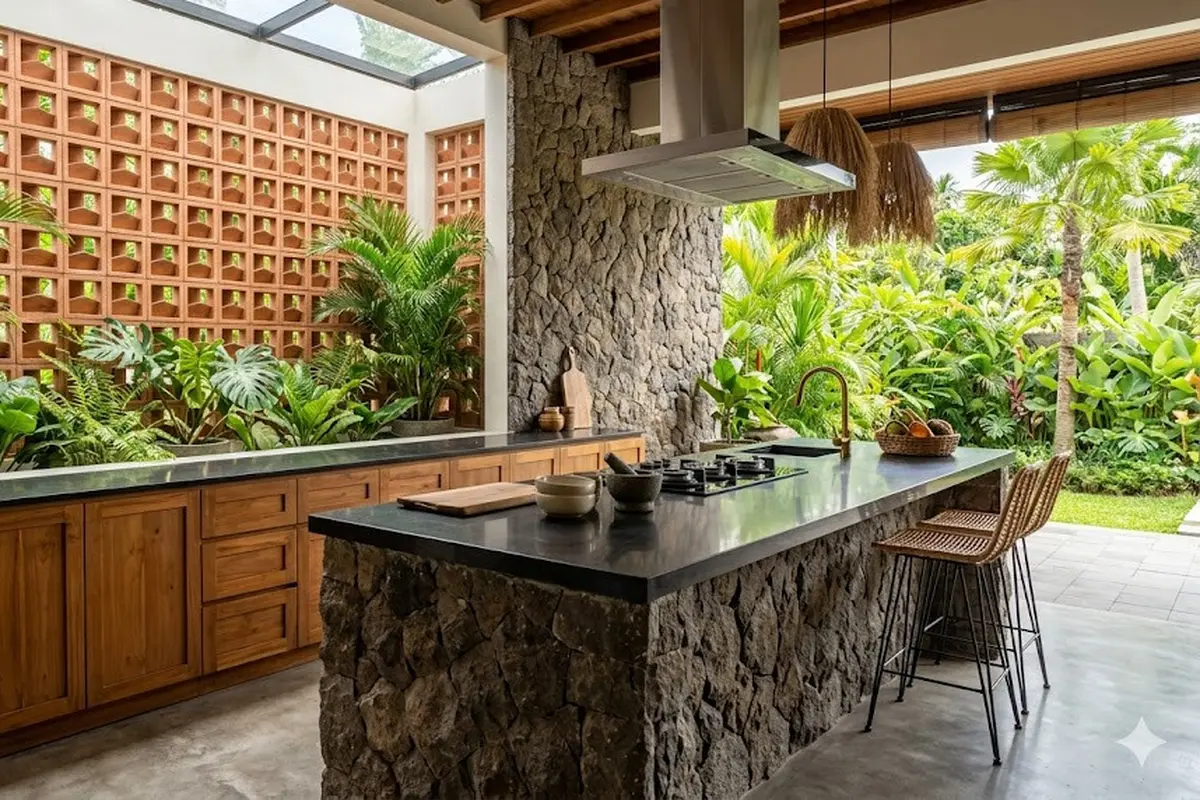 Desain Dapur Bergaya Tropis Modern Kombinasi Roster dan Batu Alam