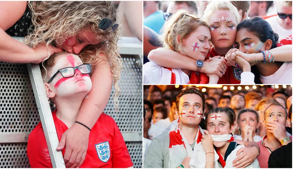 Berikut ini wajah kecewa para fans Inggris usai timnas kebanggannya gagal melaju ke final Piala Dunia 2018 setalah disingkirkan Kroasia. (Foto-foto Kolase AP)