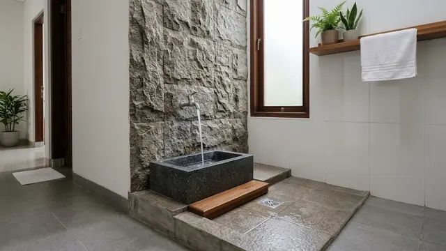 Tempat Wudhu dengan Aksen Batu Alam