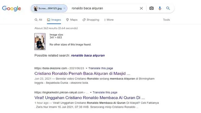 Gambar Tangkapan Layar Penelusuran Foto Menggunakan Google Search Reverse Images.