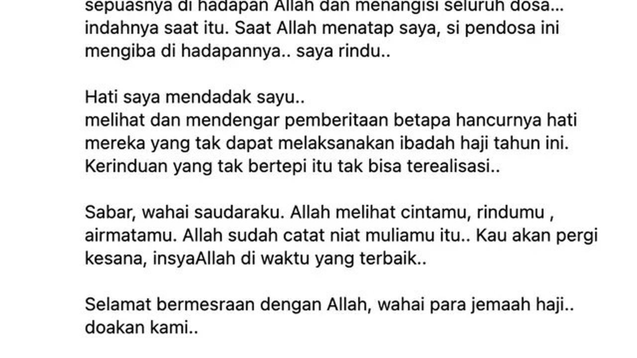 Pesan Terbuka Oki Setiana Dewi untuk Yang Gagal Naik Haji Tahun Ini: Allah Sudah Catat Niat Muliamu