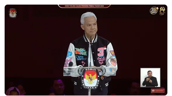 <p>Calon Presiden (Capres) nomor urut 03 Ganjar Pranowo saat debat Pilpres 2024 terakhir yang digelar Minggu (4/2/2024) di Jakarta Convention Center (JCC), Senayan, Jakarta Pusat. (Tangkapan Layar YouTube KPU RI)</p>