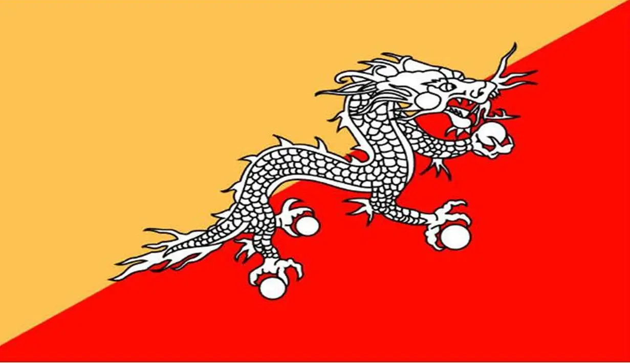 Bendera Bhutan menampilkan hewan mitologi Naga di dalam benderanya. Thunder Dragon dianggap menyeimbangkan antara segitiga oranye dan kuning, yang mewakili kekuatan sekuler dan spiritual. (Wikipedia.com)