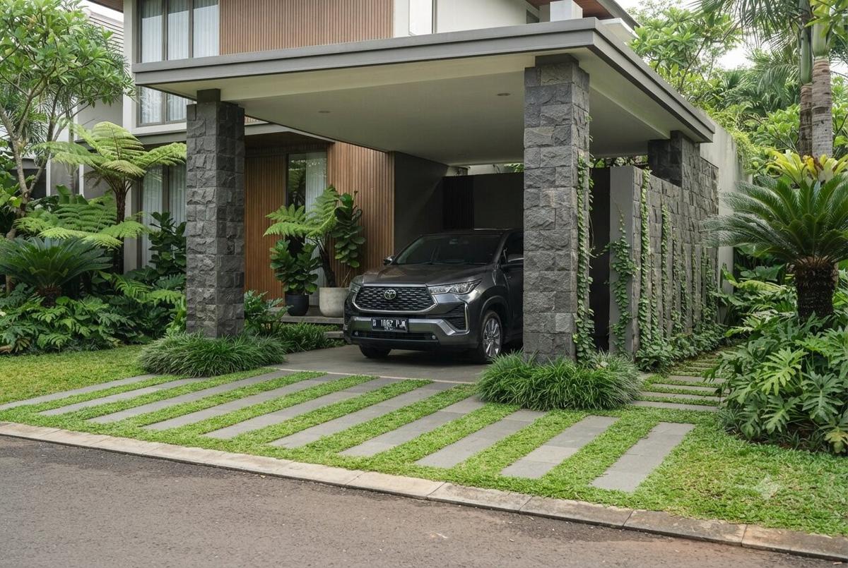 Inspirasi Carport dengan Jalur Rumput Gajah Mini