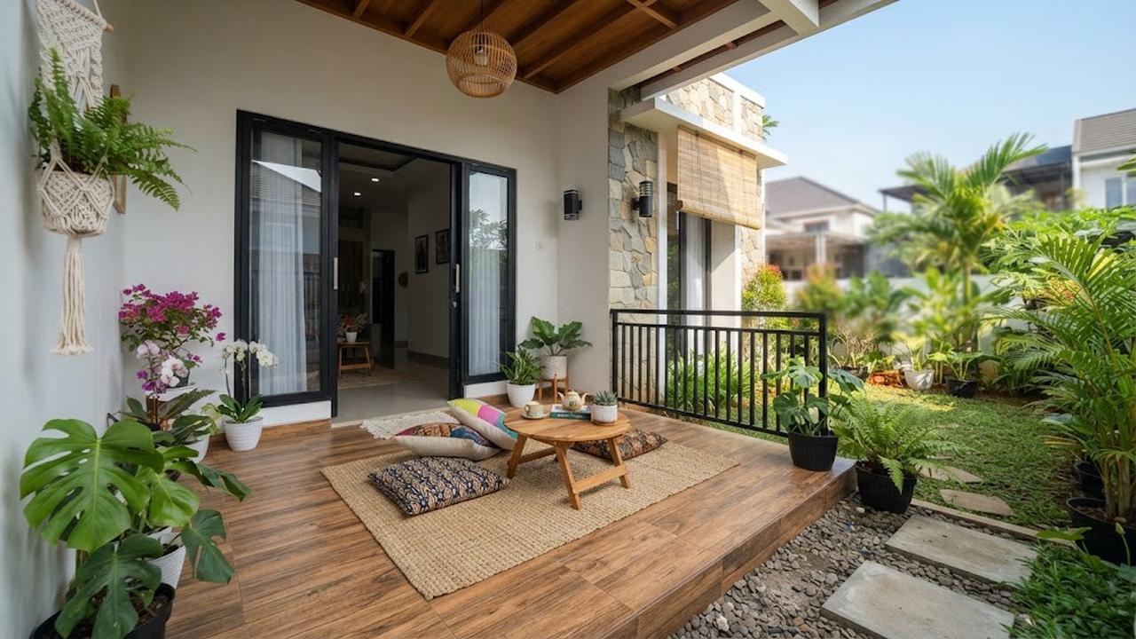Model teras minimalis dengan lantai motif kayu yang cocok untuk rumah masa kini dengan area duduk lesehan