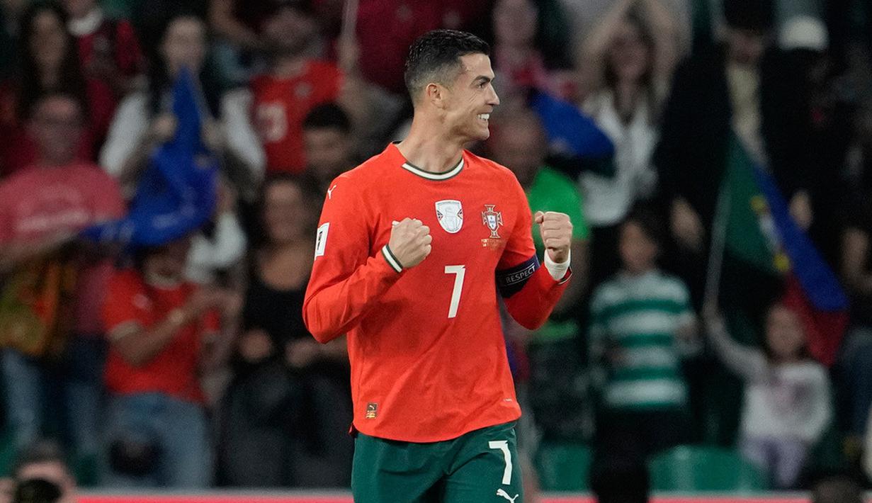 <p>Selebrasi Cristiano Ronaldo dalam laga Kualifikasi Piala Dunia 2026 antara Portugal vs Hungaria, Rabu (15/10/2025).&nbsp;(AP Photo/Armando Franca)</p>