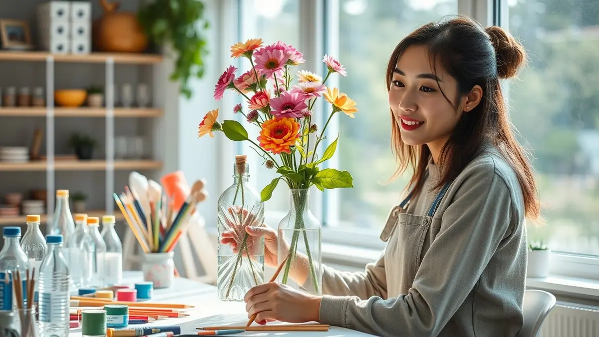 Meja kerja dengan alat lukis dan tanaman hias
