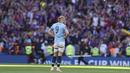 Pemain Manchester City, Erling Haaland tak mampu menutupi rasa kecewanya setelah timnya kalah dari Crystal Palace dalam laga final Piala FA 2024/2025 yang berlangsung di Stadion Wembley, London, Inggris, Sabtu (17/05/2025) waktu setempat. (AP Photo/Ian Walton)