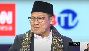Calon Wakil Presiden Muhaimin Iskandar atau Cak Imin di arena debat cawapres perdana di JCC Senayan, Jakarta, Jumat (22/12/2023). (Foto: Tangkapan layar dari Youtube KPU).