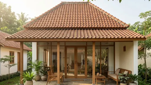 Rumah Limasan dengan Teras Teduh dan Pilar Kayu