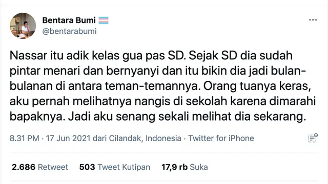 Unggahan soal Nassar saat SD. (Foto: Dok. Twitter @bentarabumi)