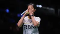 Ekspresi pebulu tangkis tunggal putri Indonesia Putri Kusuma Wardani&nbsp;setelah mengalahkan&nbsp;Polina Buhrova dari Ukraina pada babak 64 besar Kejuaraan Dunia 2023. Putri KW menang 21-7 dan 23-21 di&nbsp;Royal Arena, Kopenhagen, Denmark, Senin (21/8). (foto: PBSI)
