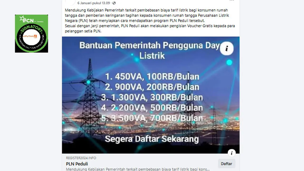 Tangkapan layar  klaim pendaftaran pengisian voucer listrik gratis dari PLN Peduli