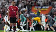 Gelandang Manchester United asal Brasil #18, Casemiro, bereaksi di akhir pertandingan final Liga Europa UEFA antara Tottenham Hotspur dan Manchester United di Stadion San Mames, Bilbao, pada 21 Mei 2025. (CESAR MANSO/AFP)