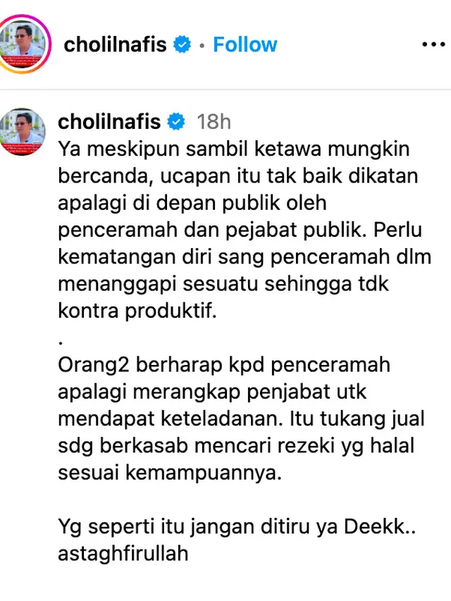 Unggahan Cholil Nafis. (Foto: Dok. Instagram @cholilnafis)