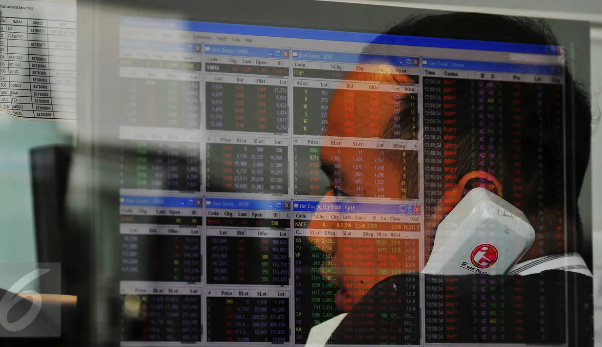 Pekerja tengah memantau pergerakan saham di sebuah monitor, Jakarta, Senin (14/11). Laju IHSG melemah 2,6 persen atau sekitar 137,71 poin ke level 5.094,25 pada penutupan sesi pertama perdagangan saham Senin (14/11/2016). (Liputan6.com/Angga Yuniar)