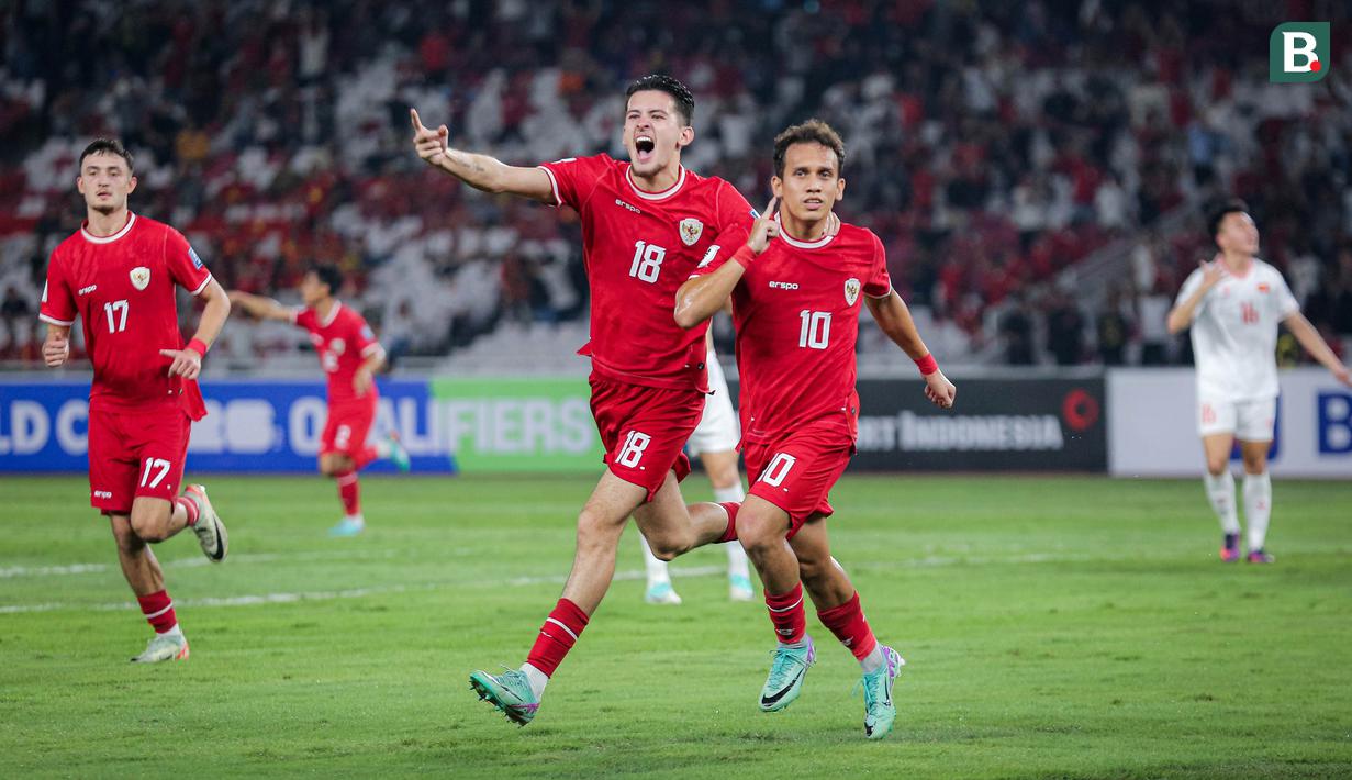 <p>Pemain Timnas Indonesia, Egy Maulana Vikri, melakukan selebrasi setelah mencetak gol ke gawang Vietnam dalam laga Grup F Kualifikasi Piala Dunia 2026 zona Asia di Stadion Utama Gelora Bung Karno (SUGBK) Senayan, Jakarta, Kamis (21/3/2024). (Bola.com/Bagaskara Lazuardi)</p>