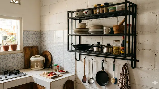 Rak Dinding Dapur yang Cocok untuk Dapur Sempit (Foto: Gemini AI)