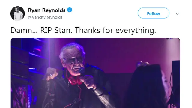 Ucapan duka cita Ryan Reynolds untuk Stan Lee (Twitter)