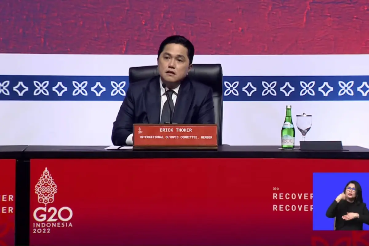 Menteri BUMN Erick Thohir dalam konferensi pers, di Bali, Rabu (16/11/2022). Erick Thohir mengaku mendapat tugas dari Presiden Joko Widodo untuk menyiapkan gelaran olimpiade di IKN Nusantara.