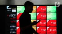 Pekerja tengah melintas di layar pergerakan IHSG di Bursa Efek Indonesia, Jakarta, Senin (18/11/2019). Indeks Harga Saham Gabungan (IHSG) ditutup pada zona merah pada perdagangan saham awal pekan ini IHSG ditutup melemah 5,72 poin atau 0,09 persen ke posisi 6.122,62. (Liputan6.com/Angga Yuniar)