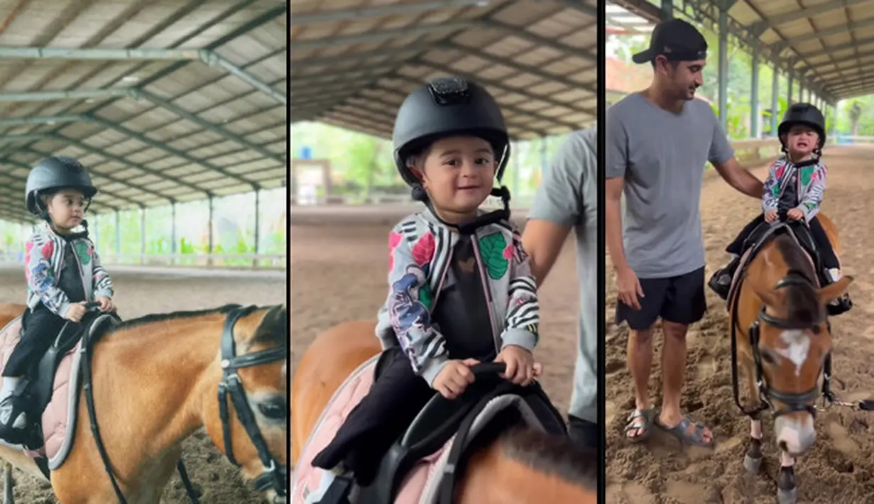 Tidak hanya orang tua yang gemar naik kuda, tapi anak-anak selebriti pun banyak yang suka. Salah satunya anak Margin Wieheerm dan Ali Syakieb yang diberi nama Guzelim Aracelli Ali Syakieb.  Bocah yang baru saja genap satu tahun itu bahkan tak mau turun dari kuda. [Instagram/marginw]