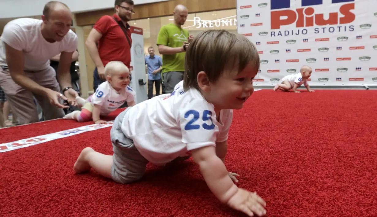 Sejumlah bayi merangkak saat mengikuti lomba 'Balap Bayi' di Vilnius, Lithuania (1/6). Lomba ini diadakan dalam rangka memperingati Hari Anak Internasional. (REUTERS/Ints Kalnins)