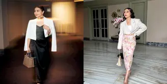 Saat promosi film Ketika Berhenti Di Sini, Prilly tampil elegan dengan cropped double breasted blazer warna putih dan silk dress hitam. [@prillylatuconsina96]