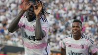 Selebrasi yang dilakukan pemain Juventus, Moise Kean usai mencetak gol ke gawang Real Madrid  dalam laga uji coba di Orlando, Kamis (3/8/2023) pagi WIB. (AP Photo/John Raoux)
