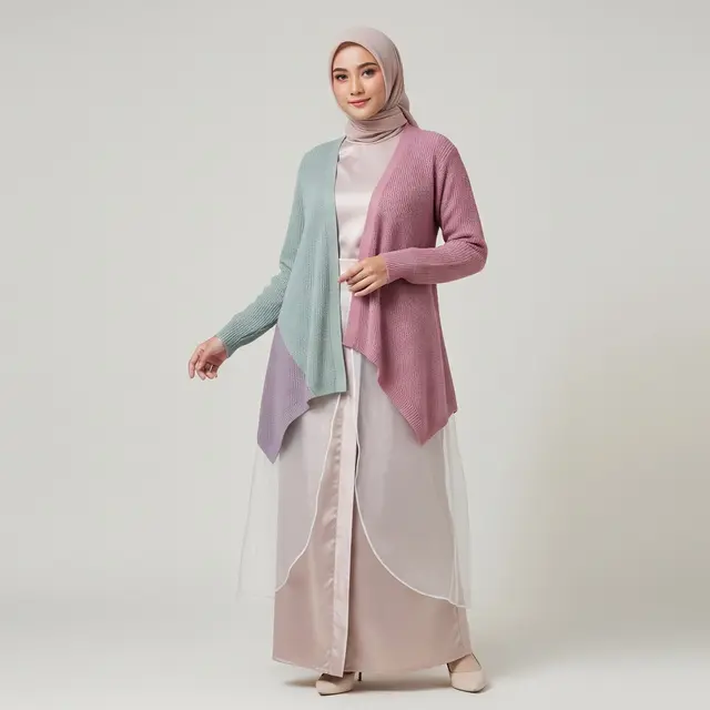 Gamis Berlapis Organza dengan Cardigan Asimetris