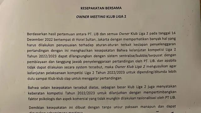 Kesepakatan Klub Liga 2 dan PT LIB