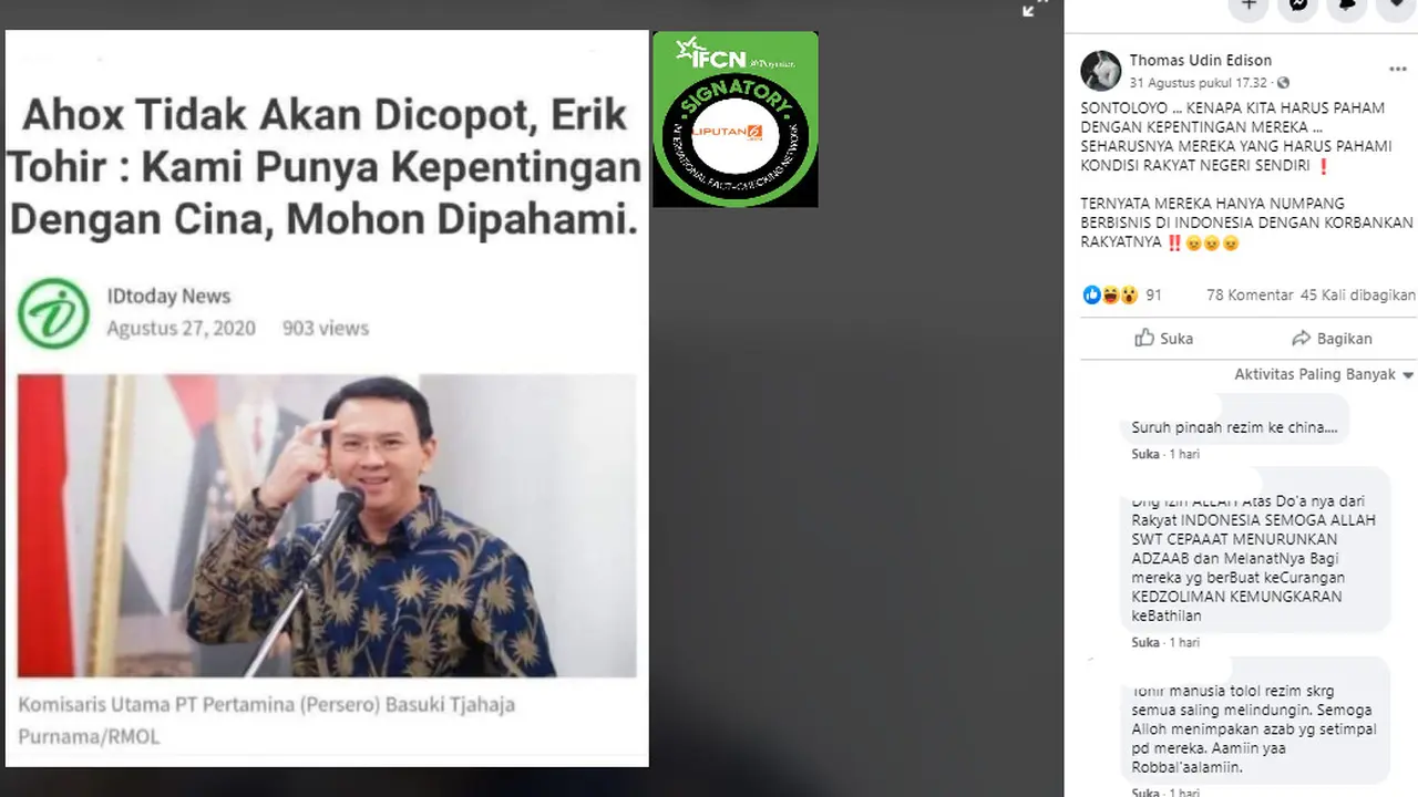 Penelusuran Klaim Erik Thohir Sebut Ahok Tidak akan Dicopot karena Ada Kepentingan dengan China