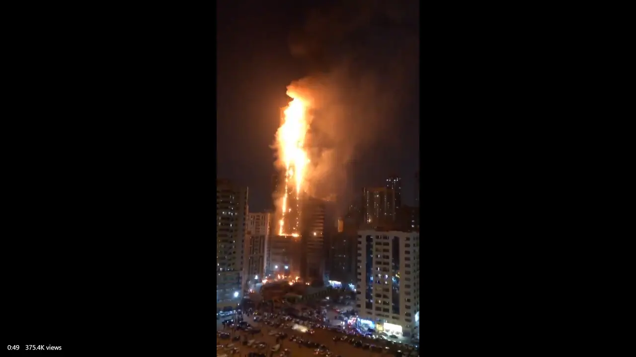 Kebakaran di Sharjah yang viral di Twitter. Gedung yang terbakar memiliki 51 lantai.