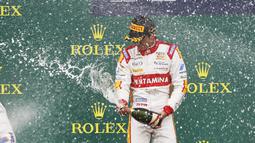 Pebalap Indonesia, Rio Haryanto, kembali meraih juara di Sprint Race GP2 Seri Inggris yang berlangsung di Sirkuit Silverstone, Inggris. Minggu (5/7/2015). (GP2 Media Service)