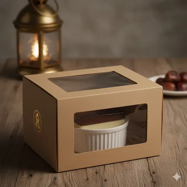 Puding Kurma Lapis Cokelat dalam Ramekin Keramik (Gemini AI)