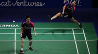 Aksi The Minions atau ganda putra Indonesia Marcus Fernaldi Gideon/Kevin Sanjaya Sukamuljo saat meladeni wakil Korsel, Kang Min Hyuk/Seo Seung Jae di babak 16 besar Indonesia Open 2022, Kamis (16/6/2022). (Bola.com/Bagaskara Lazuardi)