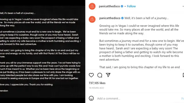 Unggahan Brendon Urie tentang Panic! At The Disco. (Instagram/ panicatthedisco)