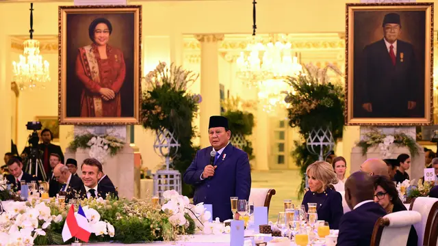 Presiden Prabowo Subianto menggelar gala dinner untuk menyambut Presiden Prancis, Emmanuel Macron dan istrinya, Brigitte Macron di Istana Negara Jakarta, Rabu 28 Mei 2025.